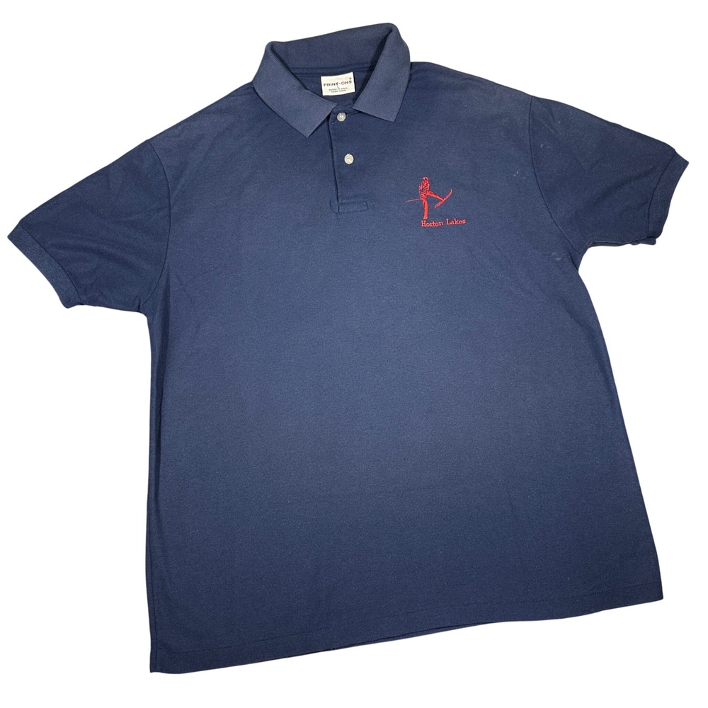 Vintage Horton Lakes Water Ski Polo Shirt Mens L Navy Blue USA Made Print-Ons